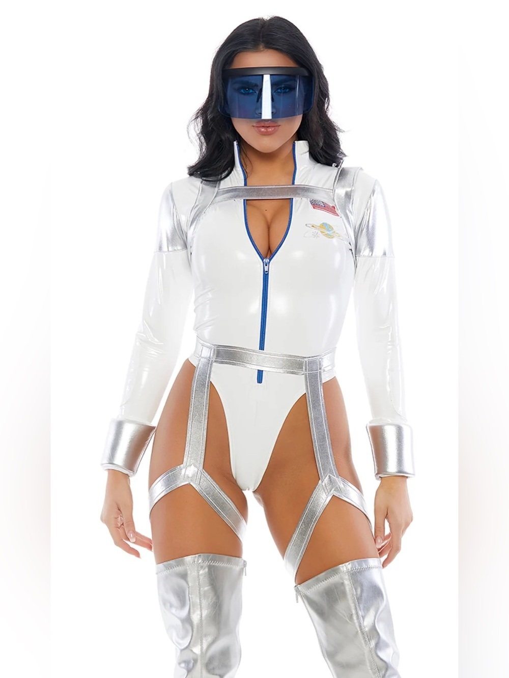 Forplay Halloween costume White & Silver Futuristic Zip-Front Bodysuit